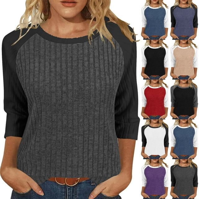 Yuyuzo Women 3/4 Sleeve Tops Round Neck Loose Casual Blouses Fall Color Block Loose Ribbed Knit Soft Tops