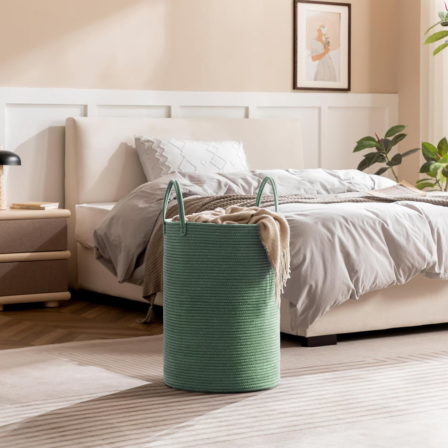 TT-Laundry Basket, 52L Woven Laundry Hamper, Baby Nursery Hamper for Toys, Blanket Basket for Living Room, Clothes Hamper for Bedroom&Baby Room, Green