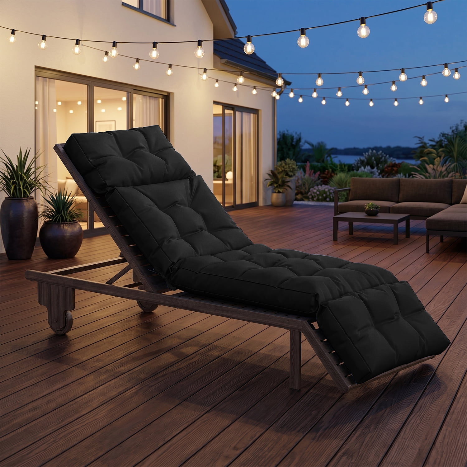 BaPiPro All-Weather Outdoor Chaise Lounge Cushion, Secure-Tie Patio Recliner Cushion with Plush PP Cotton Support for Patio, Poolside & Balcony, Black