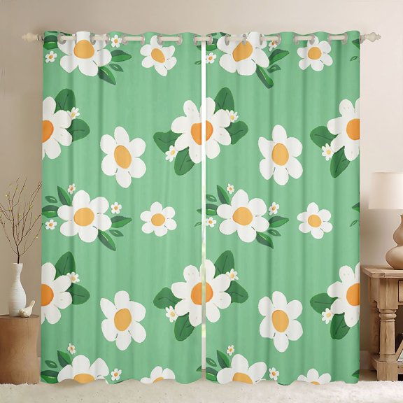 jejeloiu Kawaii Daisy Flowers Curtains Pack of 2 (42x84 Each),Cartoon Floral Curtains Blackout,Green White Bedroom Curtains For Men Women,Breathable Home Decor