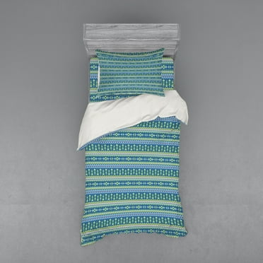 Ethnic Duvet Cover Set, Continuous Pattern with Folkloric Inspired Triangles and Lines, Bedding Set with Shams and Fitted Sheet, 3 Sizes, by Ambesonne