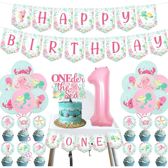 Under the Sea 1st Birthday Decorations for Girls, Ocean Animal Birthday Banner Birthday Balloons Sea Animal Cake Decorations for Oneder the Sea Theme Girls First Birthday Party