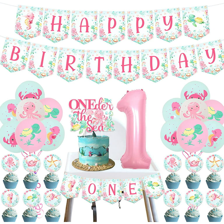 Under the Sea 1st Birthday Decorations for Girls, Ocean Animal Birthday  Banner Birthday Balloons Sea Animal Cake Decorations for Oneder the Sea  Theme Girls First Birthday Party 