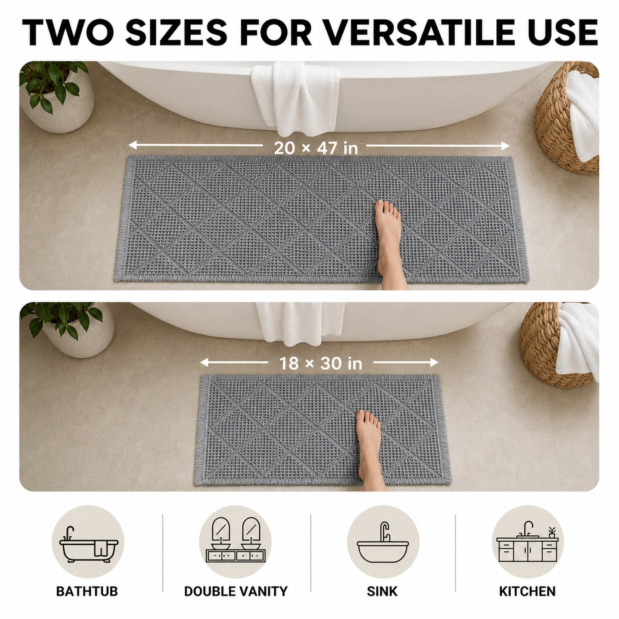 HBK 2 Piece Waffle Bath Mat Set, Non-Slip Bathroom Rugs, Absorbent & Machine Washable Shower Runner, Grey & White, 20 x 47 and 18 x 30 Inches