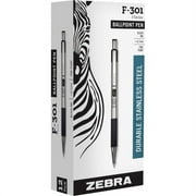 Zebra Pen BCA F-301 Stainless Steel Ballpoint Pens Fine Pen Point - 0.7 mm Pen Point Size - Refillable - Retractable - Black - Stainless Steel Stainless Steel Barrel - 12 / Dozen