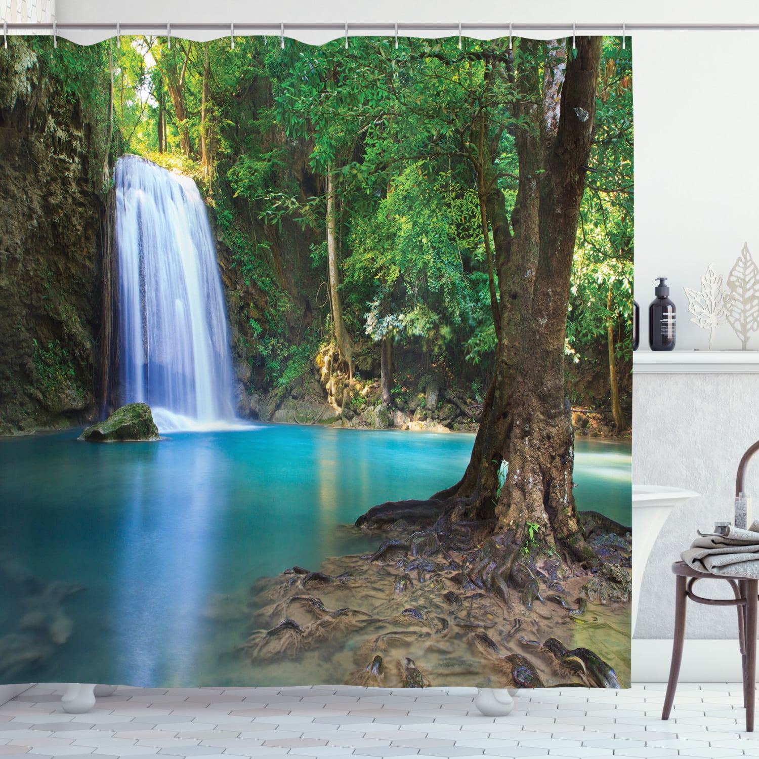 Tropical Rainforest Temple Bathroom Waterproof Fabric Shower Curtain & 12 Hooks 