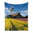 thumbnail image 1 of Windmill Soft Flannel Fleece Throw Blanket, Rustic Dutch Landscape with Colorful Yellow Tulips in the European Countryside, Cozy Plush for Indoor and Outdoor Use, 70" x 90", Multicolor, by Ambesonne, 1 of 6