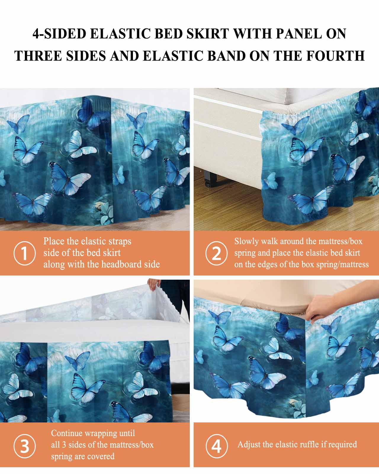 Blue Butterfly Wrap Around Bed Skirts for Queen Bed 16" Drop, Bed Skirt with Adjustable Elastic Belt Dust Ruffle Bed Valance for Bedroom Hotel Luxury Modern Elegant Water Ripples Bed Frame Cover