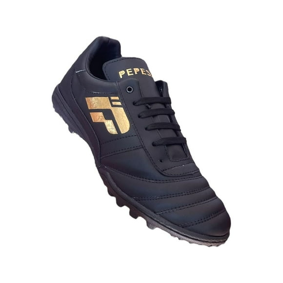 Tacos de Fútbol Rápido PEPESA para Hombre | Piel Natural | Suela de Hule Antiderrapante | Negro con Dorado