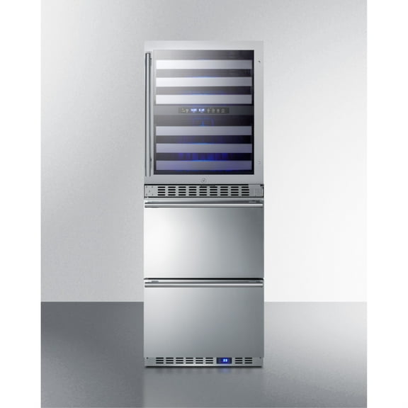24" wide combination built-in/freestanding upright dual zone glass door wine cellar and 2-drawer refrigerator in stainless steel