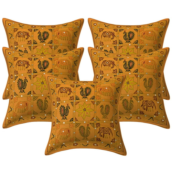 Stylo Culture Ethnic Couch Throw Pillow Covers 16x16 Ari Embroidered Mango Yellow Traditional 40x40 cm Bed Room Cotton Elephant Square Cushion Covers | Set Of 5