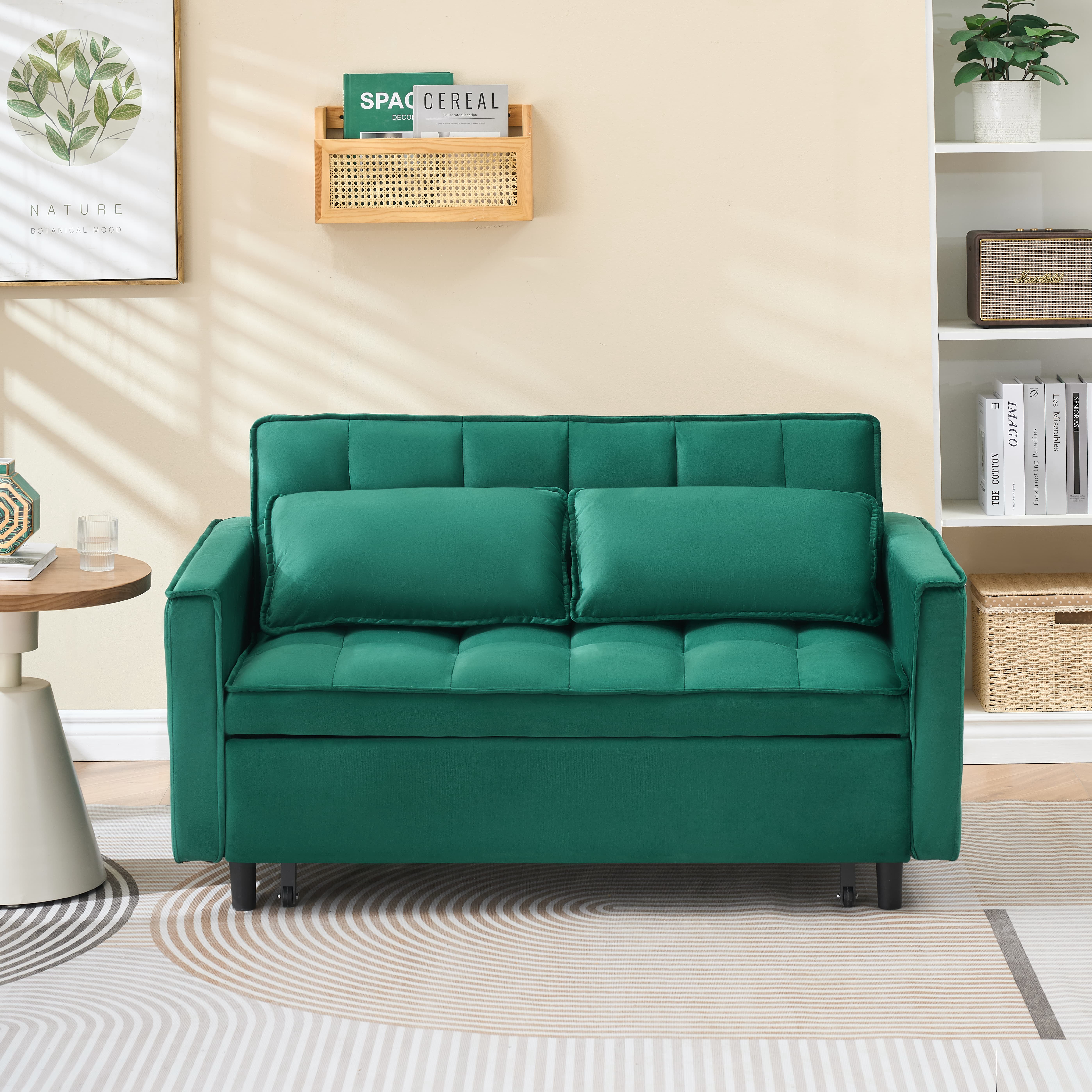 MAYEERTY 3 In 1 Convertible Sleep Sofa Bed, Pull Out Velvet Sleeper Sofa Small Loveseat, for Apartment, Living Room, Small Space, Green