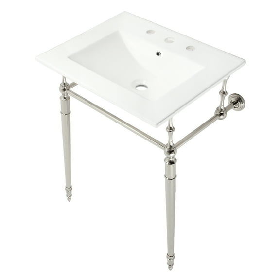 Kingston Brass KVPB24187W8PN Edwardian 24" Ceramic Console Sink with Brass Legs (8-Inch, 3-Hole), White/Polished Nickel