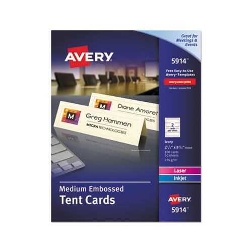 Medium Embossed Tent Cards Ivory, 2 1/2 x 8.5, 2 Cards/Sheet, 100/Box