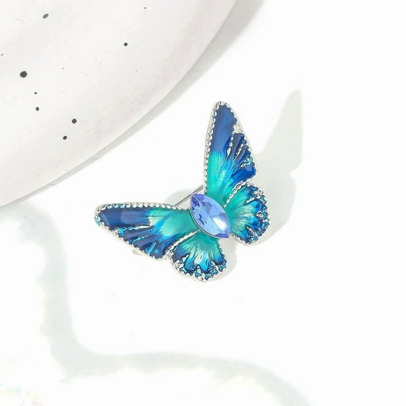 6 pc Butterfly Alloy Enamel Brooches with Rhinestone Beads Blue 18x24mm