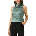 thumbnail image 4 of INSPIRE CHIC Women's Satin Tank Tops Sleeveless Bow Tie Neck Solid Work Blouses XS Pea Green, 4 of 6
