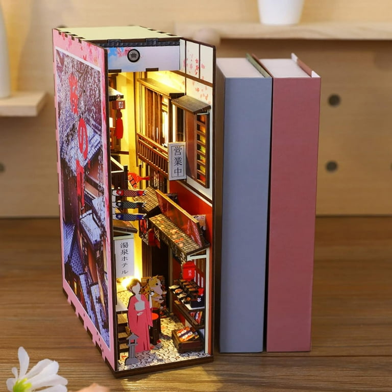 Sakura Town DIY Book Nook for Bookshelf Decor - 3D Wooden Puzzle Doll house  - Includes Furniture and Accessories - Ideal Bookends Kit 