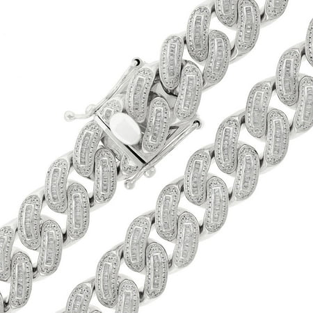 .925 Sterling Silver 18mm CZ Baguette Iced Out Miami Cuban Curb Link Bling Chain Necklace Rhodium Plated