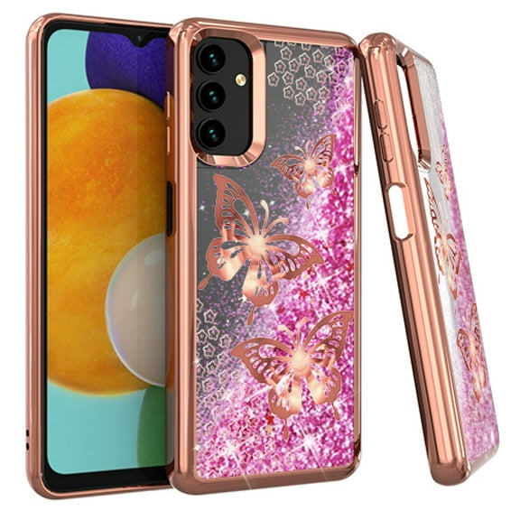 For Samsung Galaxy A13 5G S136DL Liquid Glitter Cover Phone Case   Tempered Glass -  Butterfly