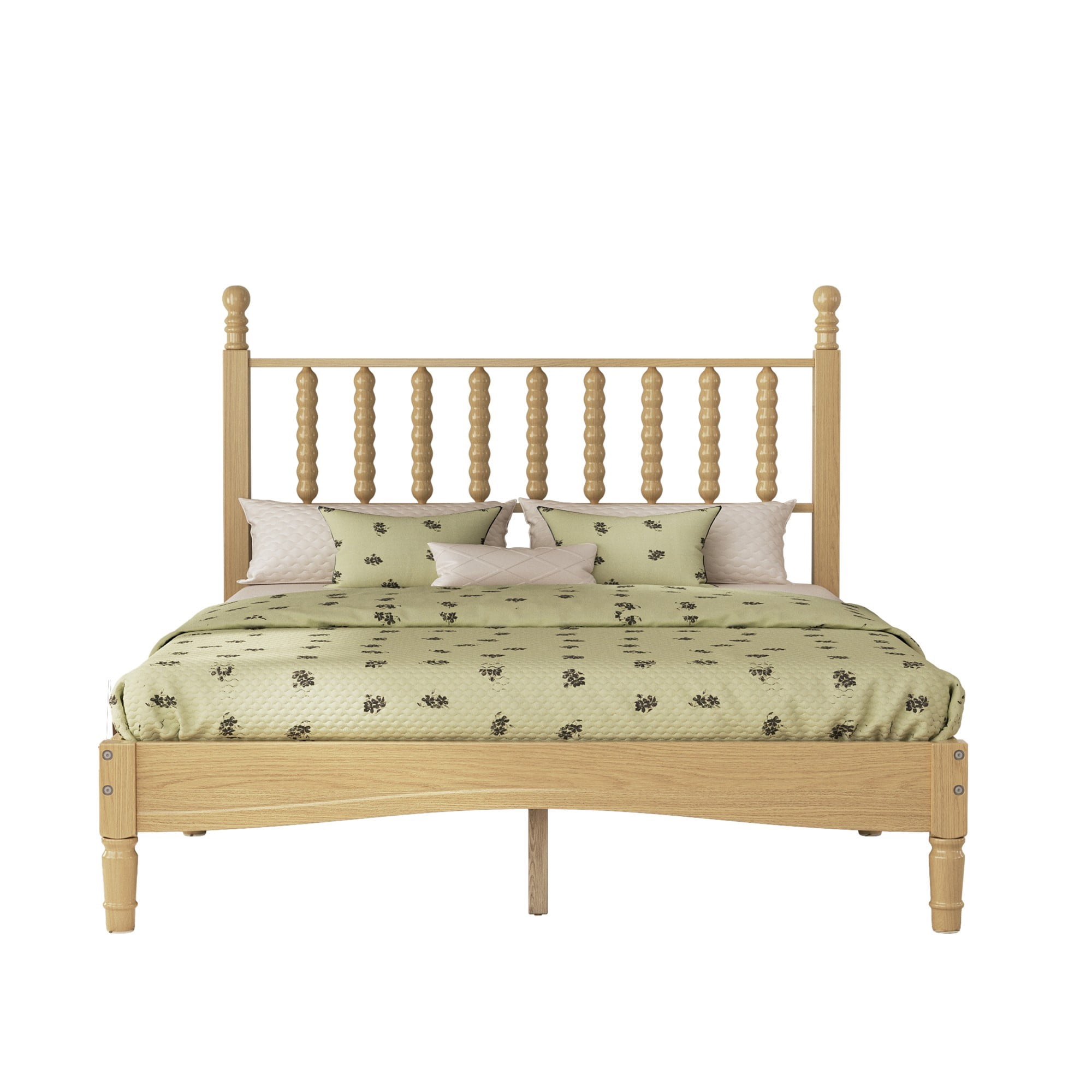 Aukfa Full Size Bed Frame with Gourd Shaped Headboard, Wood Platform Bed, Oak