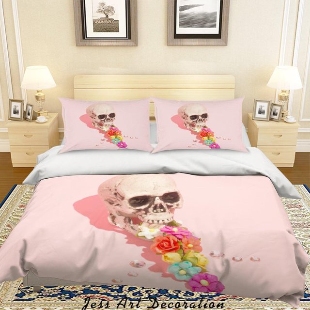 3D Cráneo Flor Rosa Funda de edredón Set Ropa de cama Set Funda nórdica Fundas de almohada Lqh