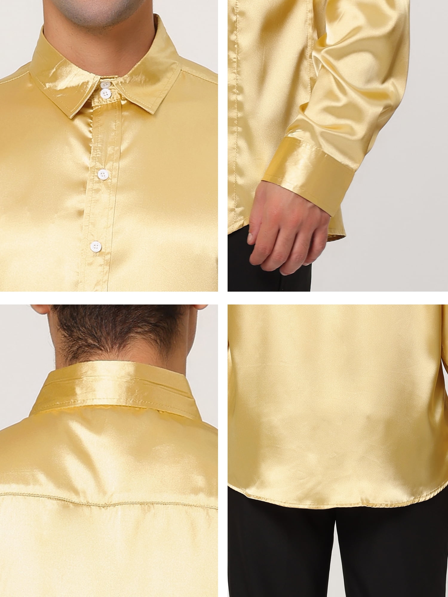 Unique Bargains Men's Satin V Neck Long Sleeves Button Down Prom Shirts XL Golden