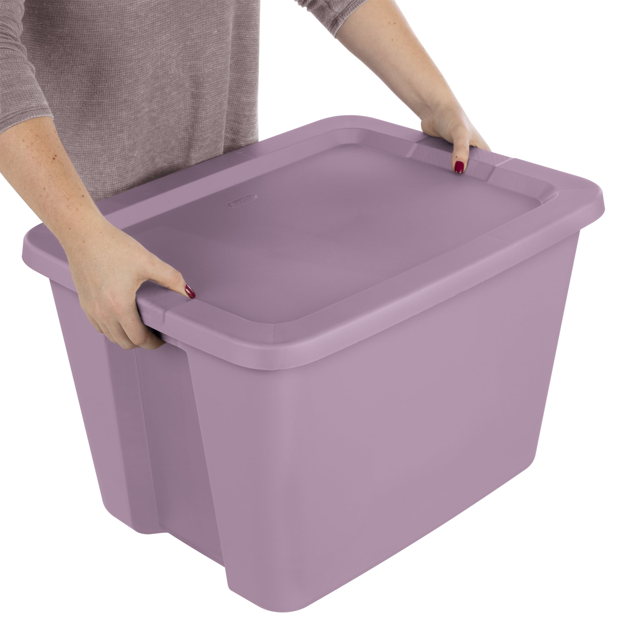 Sterilite Large Storage Bin, 18 Gallon Plastic Storage Container with Snap-On Lid, Purple