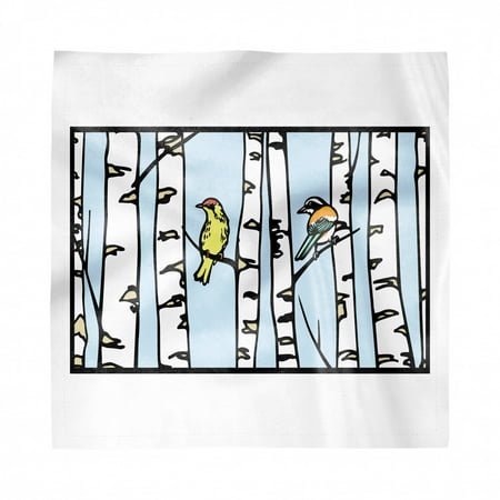 Doodle Napkins Set of 4, Birds Sitting on a Birch Trees Winter Forest Rectangle Frame, Silky Satin Fabric for Brunch Dinner Buffet Party, by Ambesonne