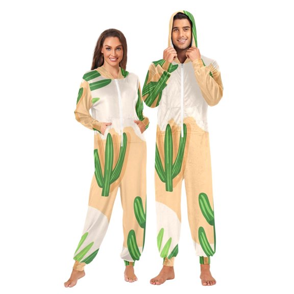 Cactus Pattern Adult onesie Pajamas, Crystal Velvet Ultra Soft Warm Jumpsuit for Men and Women