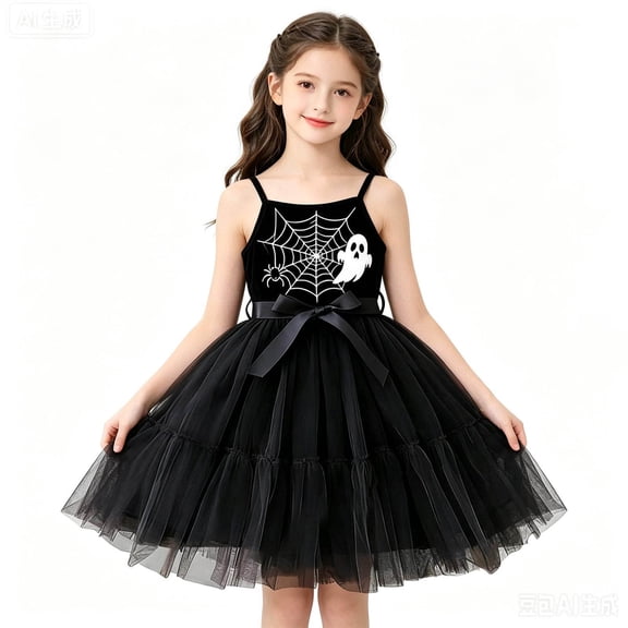 Girls Dresses Halloween Ghost Spider Web Print Tulle Dress Kids Sleeveless Spaghetti Strap Tutu Dress with Adjustable Belt for Halloween Party Outfit(Black,3-4 Years)