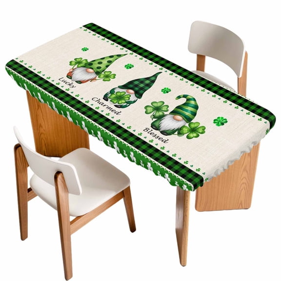 Green St. Patrick's Day Table Cloths for 3 Foot Rectangle Tables, Gnomes Watercolor Leaves Rustic Patio Waterproof Elastic Fitted Tablecloths, Washable Rectangular Table Cover for Camping