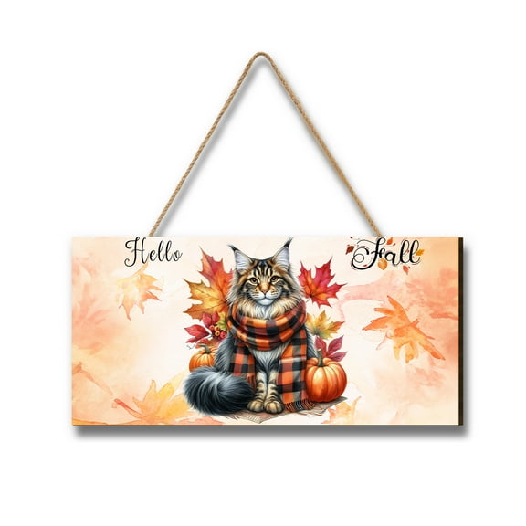 Hello Fall Maine Coon Scarf Welcome Autumn with Leaves Pumpkins Landscape Wood Sign Cat Lover Kitten Owner Gifts Hanging Wall Home Decor - 00011