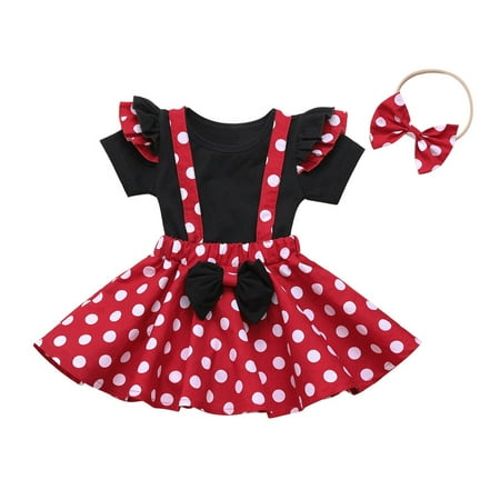 

EHTMSAK Infant Baby Toddler Children Girl 3PCS Ruffle Outfits Clothing Set Short Sleeve Summer Bow T Shirts and Polka Dot Suspender Skirt Set with Headband Red 6M-4Y 90