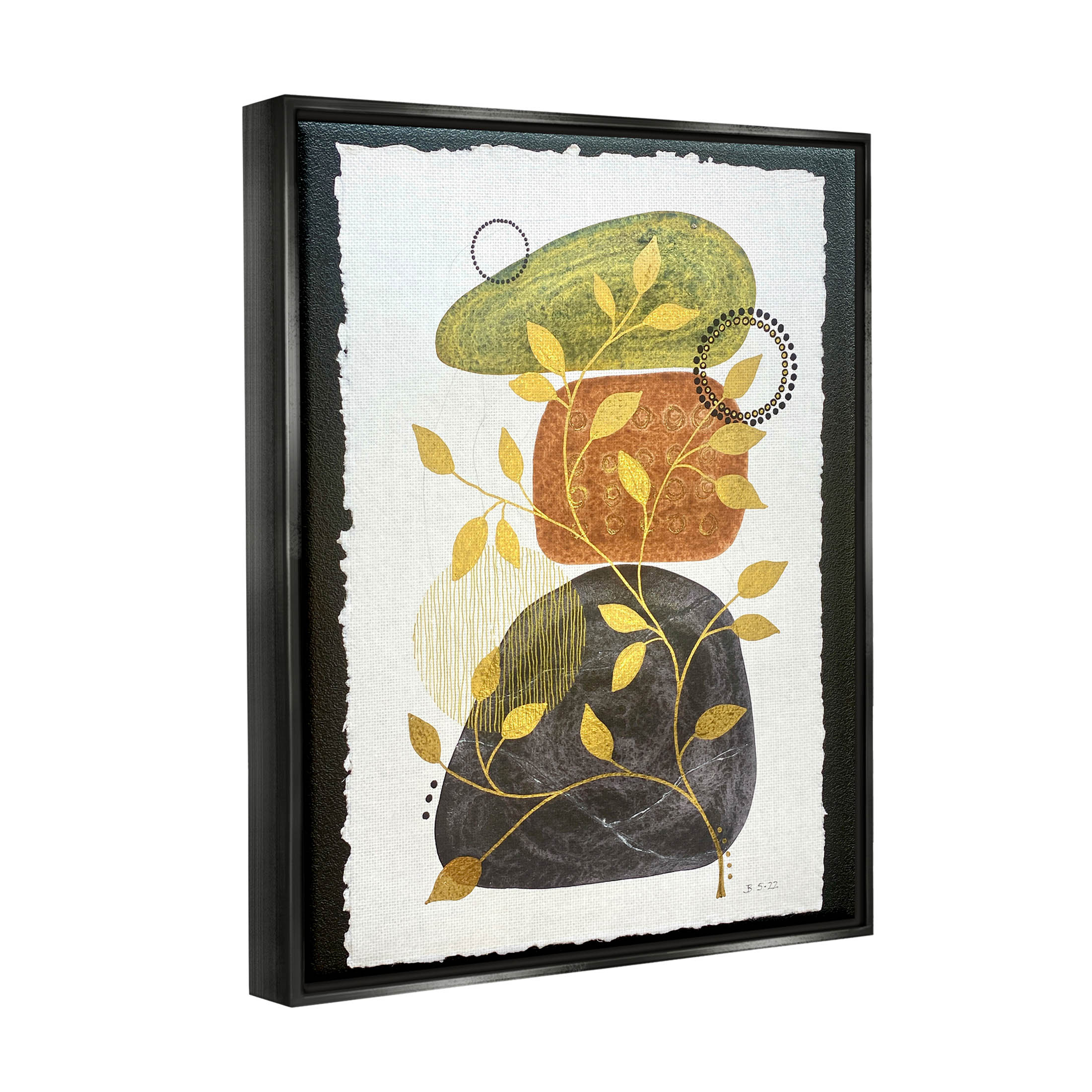 Layered Plant Leaf Pebbles Abstract Graphic Art Jet Black Framed Art Print Wall Art