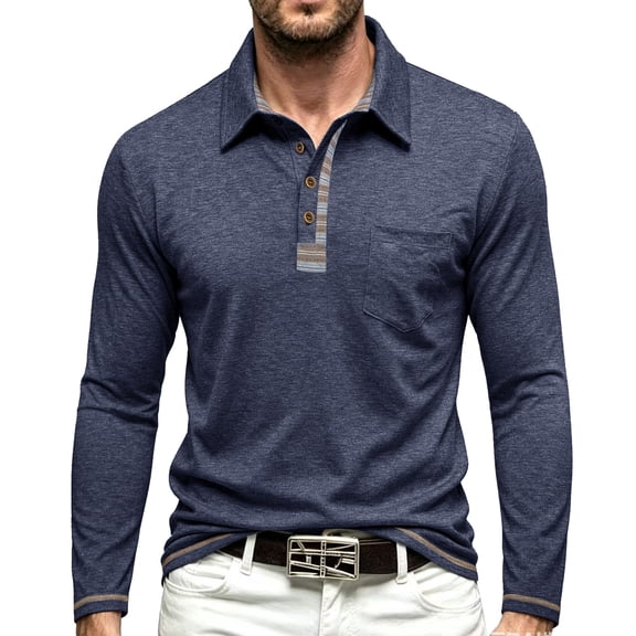 CCRFTGI Long Sleeve Polo Shirts for Men Solid Breathable Classic Golf Casual Daily Tops Tees Shirts Navy 3XL