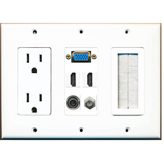 RiteAV - (3 Gang 15A Power Outlet Mesh-Brush Svga 2 HDMI Coax 3.5mm Wall Plate White