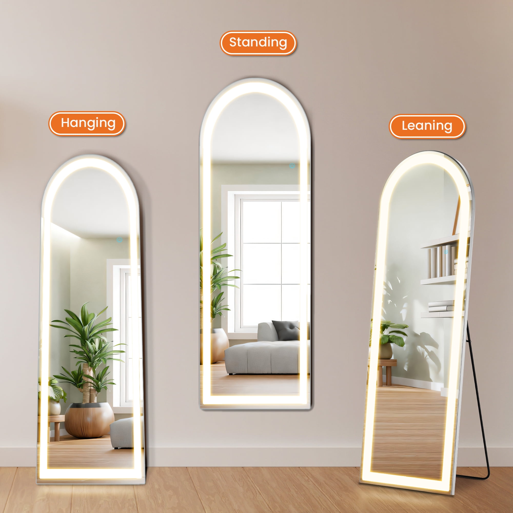 MAYEERTY 64" × 21" LED Full Length Mirror, 3 Color Lighting Floor Standing Mirror with Bracket