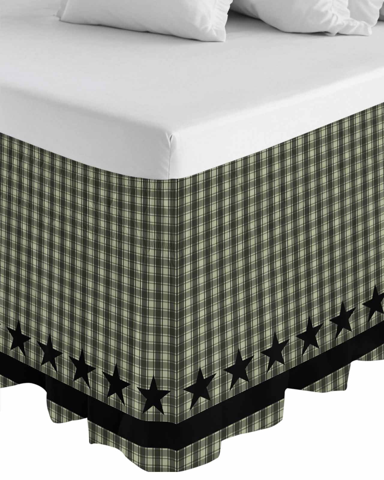 Sage Green Black Plaid Bed Skirt King Size, Vintage Star Buffalo Check Rustic Wrap Around Bed Skirting with Adjustable Elastic Strap, Dust Ruffled Pleated Bedskirts 18 Inch Drop for Bedroom King Beds