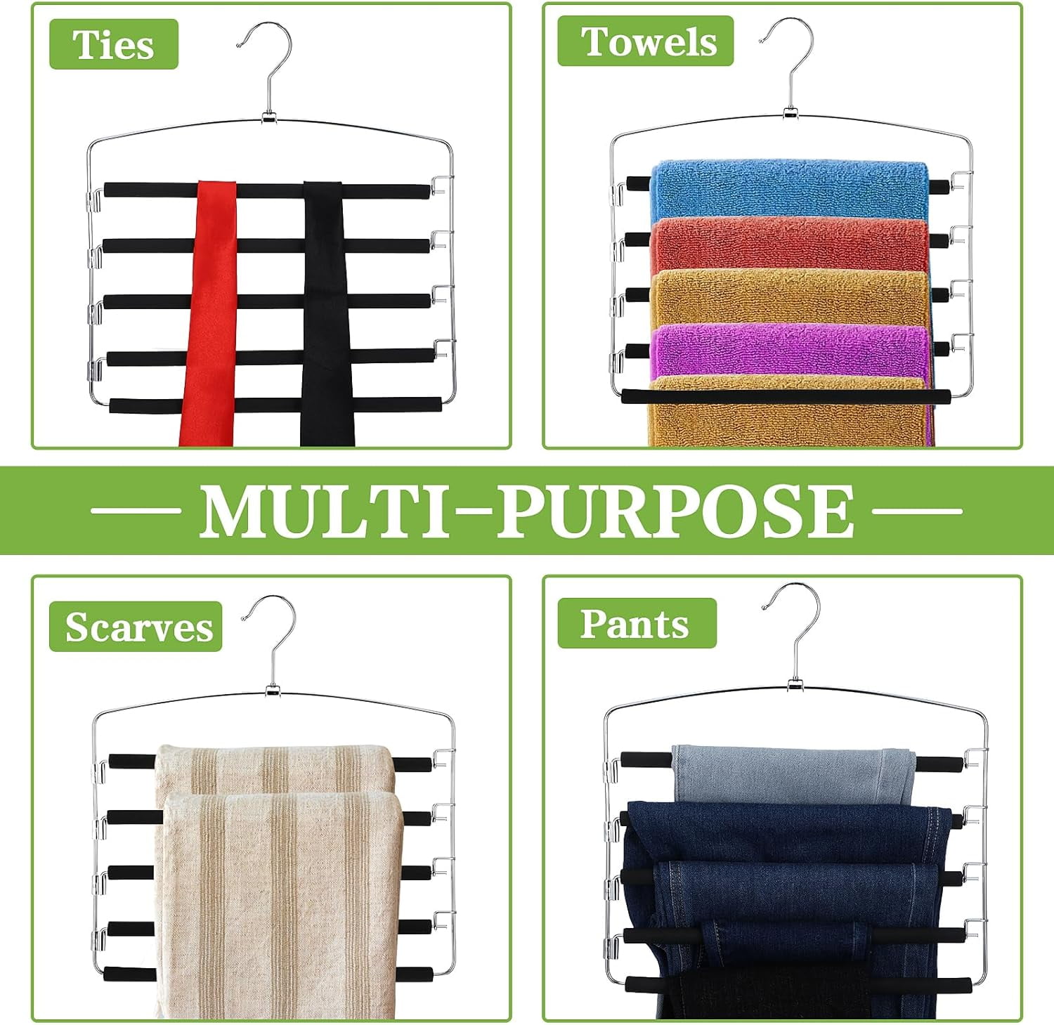 4 Pcs Black Pants Hangers,5 Tier Closet Organizers and Storage Clothes Hangers,Hangers Space Saving with Swing Arm,Multiple Metal Hangers Clothes Organization for Pants Trousers Jeans Slacks