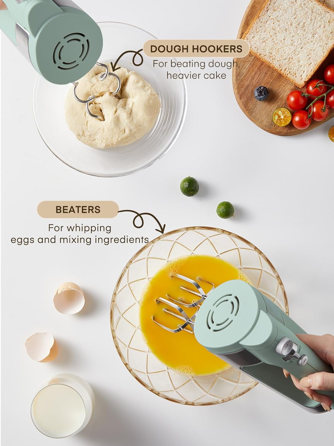 Hand Mixer Electric Handheld, 6 Speed & Turbo Mixer, 300W Handheld with 2 Stainless Steel Whisk and Dough Hook for Whipping, Mixing Cookies, Brownie, Cakes, Batters, Green