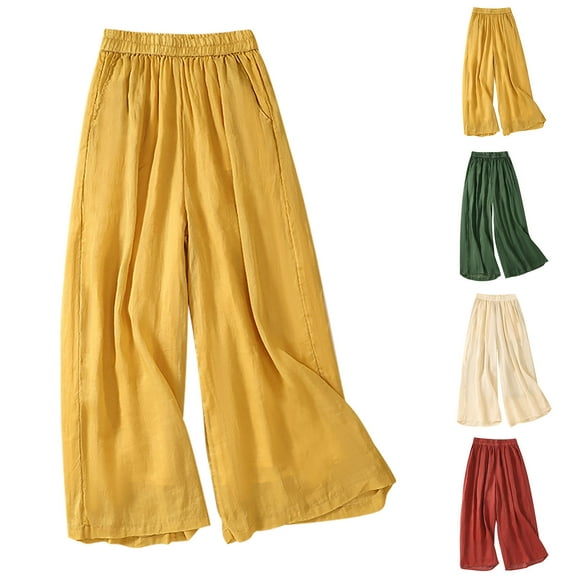 Women' s Culottes Linen Blend Wide Leg Pants Elastic Waist Casual Palazzo Trousers with Pockets Capris Yellow,XL