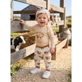 thumbnail image 6 of RUINIXCW Western Baby Boy Cowboy Outfit Newborn Baby Boy Hospital Going Home Outfit Spring Fall Clothes Highland Cow Print Rompers and Pants Horn Hat Set, 6 of 9