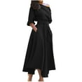 thumbnail image 2 of ZHOGXU Women's Dress Short Sleeve Slash Neck Solid Color A Line Lace Up Fashion Comfortable Maxi Dresses With Pockets For Casual Daily Wear,Black,M, 2 of 9