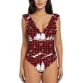 thumbnail image 2 of Yiaed Christmas Tree Buffalo Plaid Print Women's Ruffled One Piece Swimsuit V Neck Swimwear Slimming Monokini for Woman-Small, 2 of 8