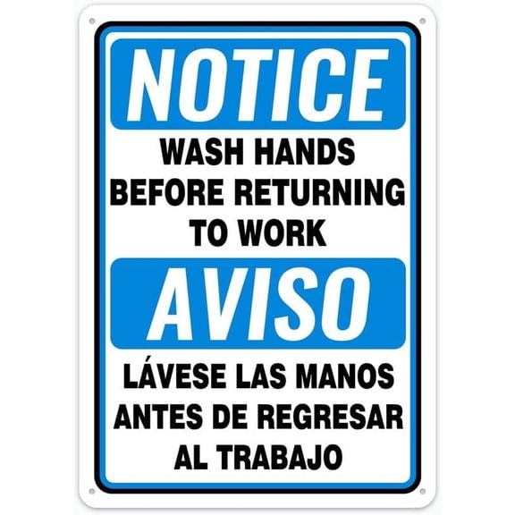 8"x12" Aluminum Metal Sign Plate - Notice Safety Sign Wash Hands Before Returning to Work Bilingual - Caution Warning Notice