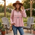 thumbnail image 4 of Linen Blouses for Women Summer Cute Fringe Long Sleeve Modest Tunic Tops Casual Y2k Baggy Crew Neck Plain T Shirts Pink L, 4 of 7