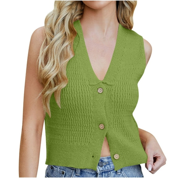 JIUKE Tank Tops for Women Crochet Knit Vest Top Button V-Neck Sleeveless Sweater Vest Going out Top Trendy Cropped Tops