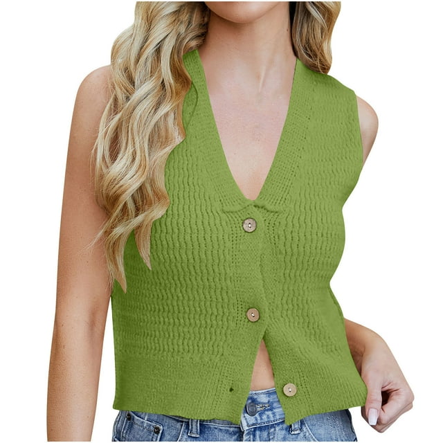 Women Spring Summer 2025 Fashion Casual V Neck Button Down Solid Color Knit Vest Top for Layering and Daily Outfits