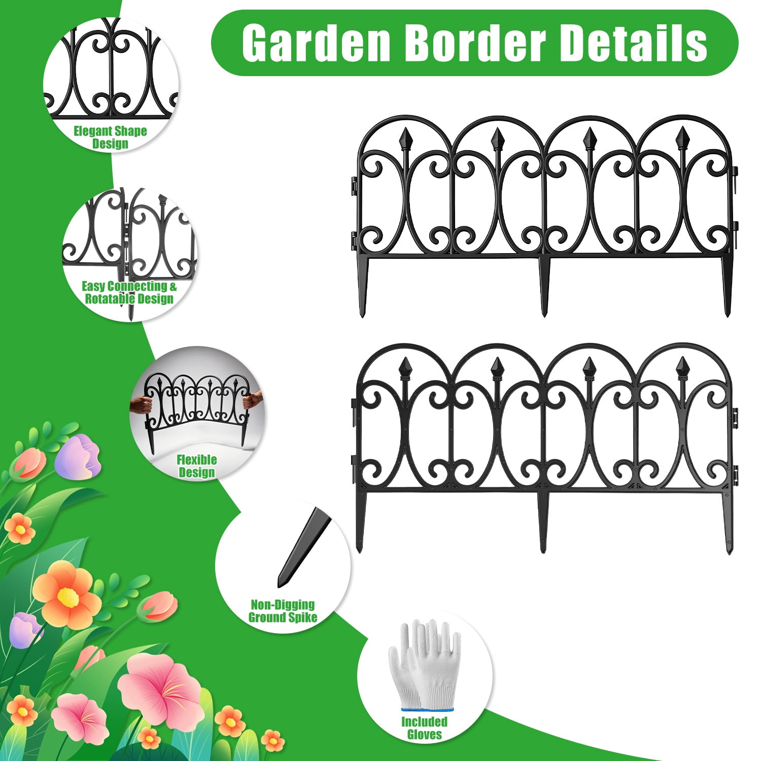 Moclever 10Pcs Garden Decorative Lawn Edging Border, 19.3ft No-Dig Plastic Garden Border Fence with Gloves, Black