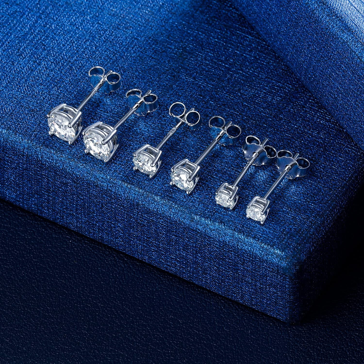 GEMSME 925 Sterling Silver Filled White Gold Plated 4 Prong Round Clear Moissanite Stud Earring for Women 3/4/5mm Pack of 3 Pairs